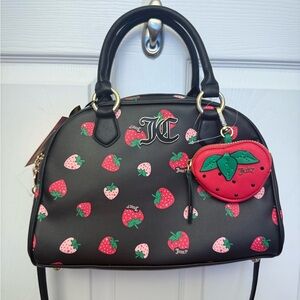 NWT Juicy Couture Sweet N Juicy Bowler Bag, Black Strawberry Print